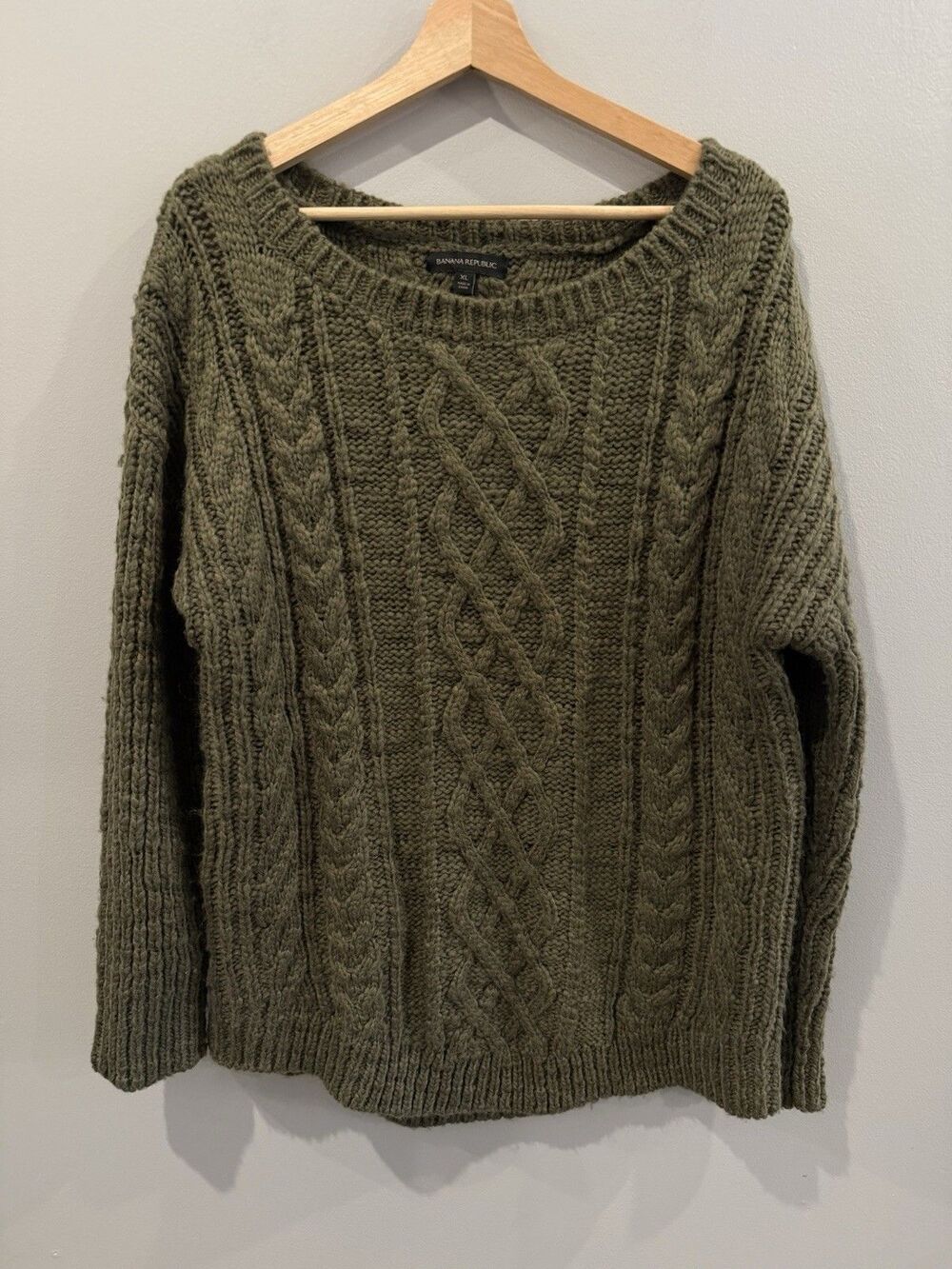 Banana Republic Fisherman Cable Knit Sweater Womens XL Green Chunky Wool Blend